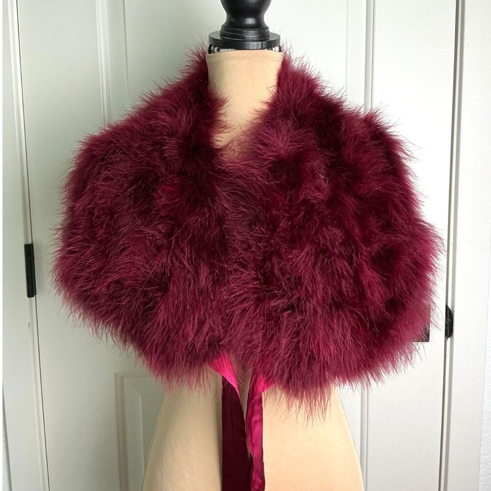 Dolce Cabo Marabou Turkey Feather Cape Wrap Wine Burgundy One Size